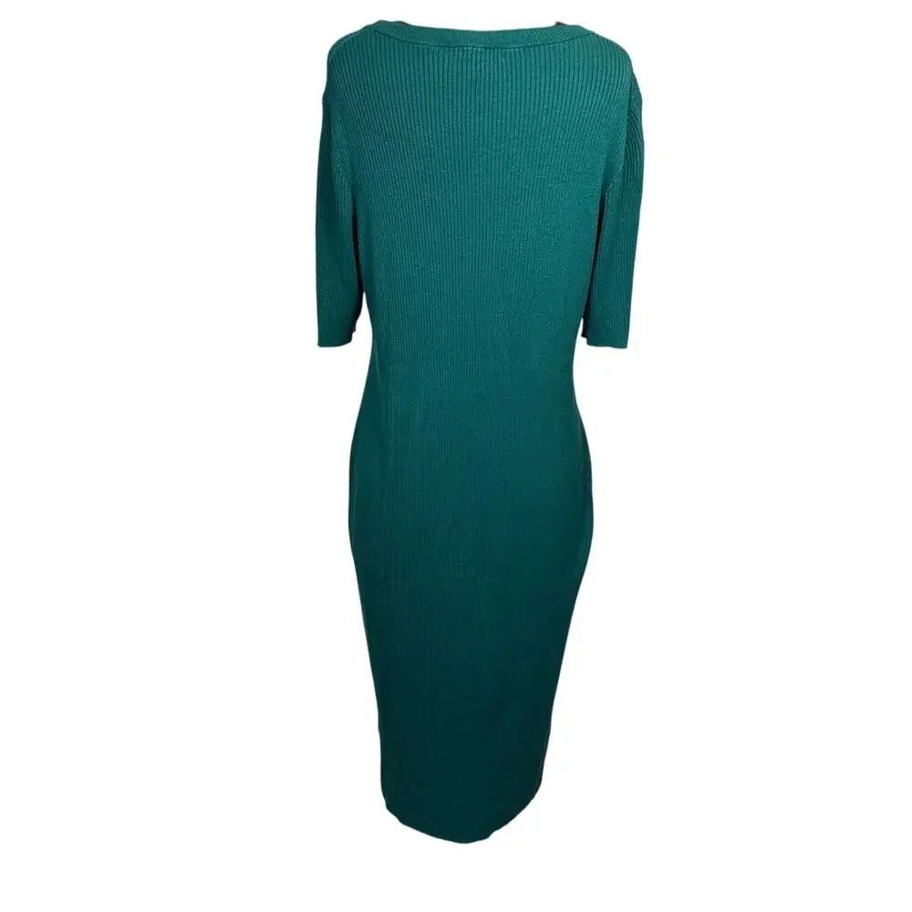 J. Crew AR681 Ribbed Knit Midi Sweater Dress Pullover Classic Green Sz L Stretch